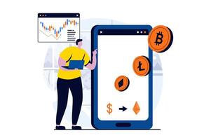 criptomoneda mercado concepto con personas escena en plano dibujos animados diseño. hombre comprometido en cripto negocio, compra y vende bitcoins desde móvil aplicación o ordenador portátil. ilustración visual historia para web vector