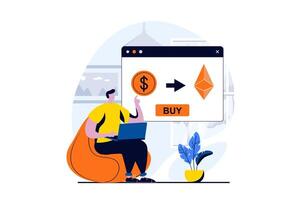 Cryptocurrency marketplace concept with people scene in flat cartoon design. Man buys bitcoins and other currencies and invests money at crypto exchange. illustration visual story for web vector