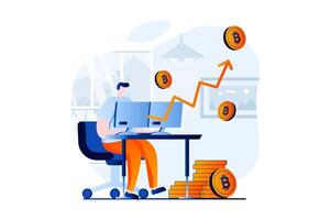 Cryptocurrency mining concept with people scene in flat cartoon design. Man mines bitcoins using computer, analyzes market data and increases money profit. illustration visual story for web vector