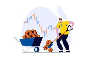 Cryptocurrency mining concept with people scene in flat cartoon design. Miner collects bitcoins and other crypto money in wheelbarrow for trading on exchange. illustration visual story for web vector