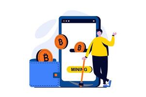 Cryptocurrency mining concept with people scene in flat cartoon design. Man mines crypto money, saves on electronic wallet and monitors account in mobile app. illustration visual story for web vector