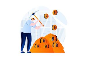 Cryptocurrency mining concept with people scene in flat cartoon design. Man miner with pickaxe is extraction bitcoins on virtual farm for trading on exchanges. illustration visual story for web vector