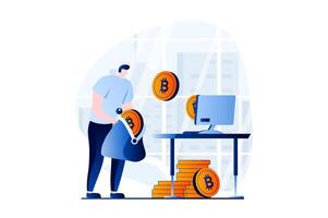 Cryptocurrency mining concept with people scene in flat cartoon design. Man mines bitcoins on virtual farm using computer and saves it on electronic wallet. illustration visual story for web vector