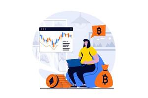 Cryptocurrency mining concept with people scene in flat cartoon design. Woman monitors data of exchanges, invests money and buys bitcoins to increase wealth. illustration visual story for web vector