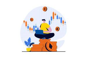 Cryptocurrency mining concept with people scene in flat cartoon design. Man mines bitcoins, litecoins and etherium, analyzes market data and increases profit. illustration visual story for web vector