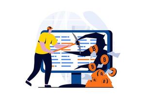 Cryptocurrency mining concept with people scene in flat cartoon design. Man mines bitcoins with pickaxe, uses blockchain technology and computer equipment. illustration visual story for web vector