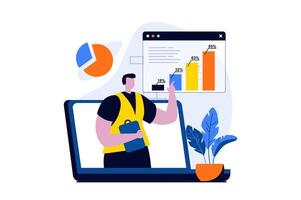 Data analysis concept with people scene in flat cartoon design. Man working with data statistics and charts and business accounting, auditing using laptop. illustration visual story for web vector