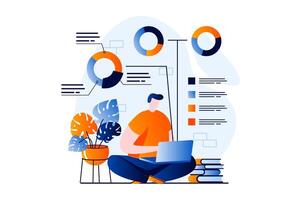 Data analysis concept with people scene in flat cartoon design. Man working with statistics using laptop, analyzing charts and graphs, accounting and audit. illustration visual story for web vector