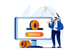 Cryptocurrency mining concept with people scene in flat cartoon design. Man miner with pickaxe is engaged in extraction different crypto money on virtual farm. illustration visual story for web vector