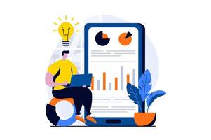 Data analysis concept with people scene in flat cartoon design. Man generates ideas and working with statistics at mobile app, analyzing charts and auditing. illustration visual story for web vector