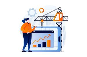 Data analysis concept with people scene in flat cartoon design. Woman working with statistics at presentation, analyzing growth charts, accounting and audit. illustration visual story for web vector