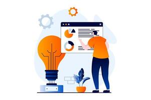 Data science concept with people scene in flat cartoon design. Man works with charts and graphs dashboard, making financial report and creates improvements. illustration visual story for web vector