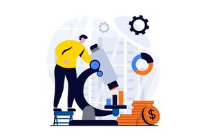 Data science concept with people scene in flat cartoon design. Scientist looking through microscope, studying data and working with statistics in laboratory. illustration visual story for web vector