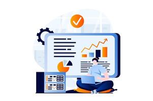 Data science concept with people scene in flat cartoon design. Woman works with charts and graphs at dashboard, making financial report and analyzing data. illustration visual story for web vector