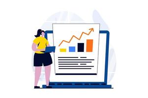 datos Ciencias concepto con personas escena en plano dibujos animados diseño. mujer analizando gráfico con crecimiento tendencia y haciendo financiero reporte utilizando bases de datos en ordenador portátil. ilustración visual historia para web vector