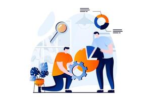 Data science concept with people scene in flat cartoon design. Scientists use charts and graphs for research work, work with databases, optimize and analyze. illustration visual story for web vector