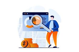 Data science concept with people scene in flat cartoon design. Man with magnifier works with databases, uses charts and graphs for financial report and audit. illustration visual story for web vector