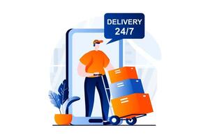 Delivery service concept with people scene in flat cartoon design. Male courier delivers parcels in 24-hour service of shipping and working in warehouse. illustration visual story for web vector