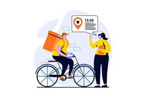 Delivery service concept with people scene in flat cartoon design. Woman orders delivery at right time and waiting to receive box from courier at bicycle. illustration visual story for web vector