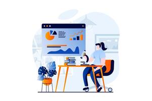 Data science concept with people scene in flat cartoon design. Woman works with charts and graphs at dashboard in laboratory for scientific research and test. illustration visual story for web vector