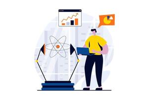 Data science concept with people scene in flat cartoon design. Scientist works with databases, analyzes graphs and makes physics experiment in laboratory. illustration visual story for web vector