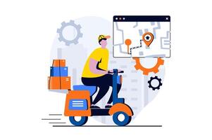 Delivery service concept with people scene in flat cartoon design. Male courier rides motorcycle and carries parcels with order tracking in mobile app on map. illustration visual story for web vector