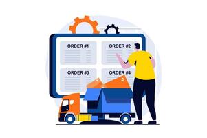 Delivery service concept with people scene in flat cartoon design. Man works in logistics center of warehouse and processes large orders with truck shipping. illustration visual story for web vector