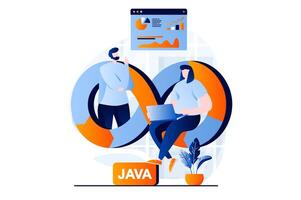 DevOps concept with people scene in flat cartoon design. Man and woman monitoring, administer and optimize effective programming work processes in IT company. illustration visual story for web vector