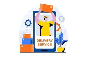 Delivery service concept with people scene in flat cartoon design. Male courier carries parcels with order tracking in mobile application and fast shipping. illustration visual story for web vector