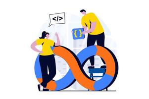 DevOps concept with people scene in flat cartoon design. Man and woman coding and programming software, manager optimize effective work process in company. illustration visual story for web vector