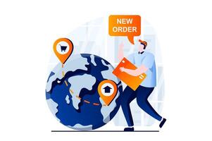 Delivery service concept with people scene in flat cartoon design. Courier works in international delivery service, global import and export transportation. illustration visual story for web vector