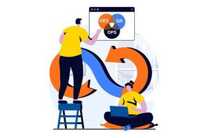 DevOps concept with people scene in flat cartoon design. Man and woman administer and optimize effective work with programming apps and software in IT company. illustration visual story for web vector