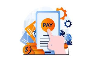 E-payment process concept with people scene in flat cartoon design. Human hand clicks on smartphone screen for online payment transaction in mobile phone app. illustration visual story for web vector