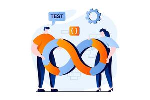 DevOps concept with people scene in flat cartoon design. Man and woman working together, administer and optimize effective programming work in IT company. illustration visual story for web vector