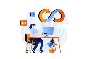 devops concepto con personas escena en plano dibujos animados diseño. mujer codificación y crea programas mientras trabajando en empresa con práctica de desarrollo operaciones. ilustración visual historia para web vector