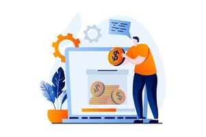 E-payment process concept with people scene in flat cartoon design. Man transfers money to bank account or pays for purchases online on website using laptop. illustration visual story for web vector