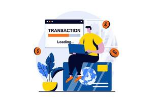 E-payment process concept with people scene in flat cartoon design. Man makes online financial transaction and waits for credit card payment to be processed. illustration visual story for web vector