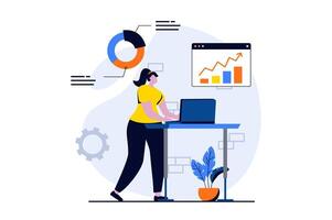 datos Ciencias concepto con personas escena en plano dibujos animados diseño. mujer trabajando con diagramas y gráficos, haciendo financiero reporte y contabilidad utilizando ordenador portátil. ilustración visual historia para web vector