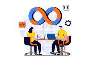 DevOps concept with people scene in flat cartoon design. Woman and man coding and programming apps at laptops in office and practice development operations. illustration visual story for web vector