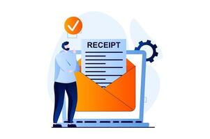 Electronic receipt concept with people scene in flat cartoon design. Man receives email with online payment form and pay invoice. Banking and money transfer. illustration visual story for web vector