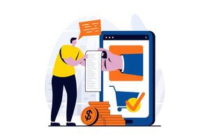 Electronic receipt concept with people scene in flat cartoon design. Man receives invoice for paying taxes and makes online payment using mobile application. illustration visual story for web vector