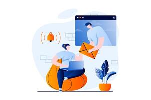 Email service concept with people scene in flat cartoon design. Woman receives new email notification on laptop. Man sending promo email. Online communication. illustration visual story for web vector