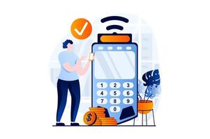 E-payment process concept with people scene in flat cartoon design. Woman pays for purchases contactlessly using smartphone and account in online banking. illustration visual story for web vector