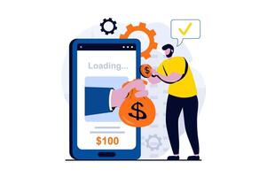 E-payment process concept with people scene in flat cartoon design. Man makes financial transaction in application and receives cash from bank account. illustration visual story for web vector