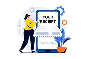 Electronic receipt concept with people scene in flat cartoon design. Woman receives bill and pays online using mobile phone. Banking services and transfers. illustration visual story for web vector