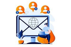 Email service concept with people scene in flat cartoon design. Woman makes advertising mailing to group of contacts or communicates online in social networks. illustration visual story for web vector