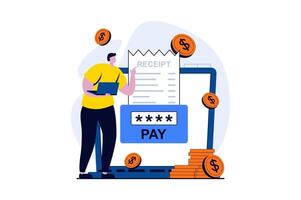 Electronic receipt concept with people scene in flat cartoon design. Man makes secure payment of bills using password to enter online account in banking. illustration visual story for web vector