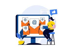 Email service concept with people scene in flat cartoon design. Woman manages incoming and outgoing letters using computer application. Online correspondence. illustration visual story for web vector