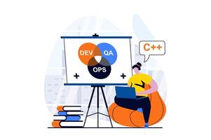 devops concepto con personas escena en plano dibujos animados diseño. mujer codificación y programación aplicaciones o programas mientras gerente optimizar eficaz trabajo proceso yo equipo. ilustración visual historia para web vector