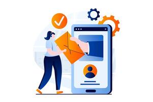 Email service concept with people scene in flat cartoon design. Woman received new email or promotional mailing on mobile phone app. Online communication. illustration visual story for web vector